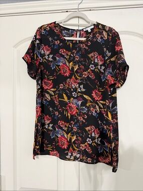 DR2 Black Floral Short-Sleeve Blouse with Red & Mustard Accents